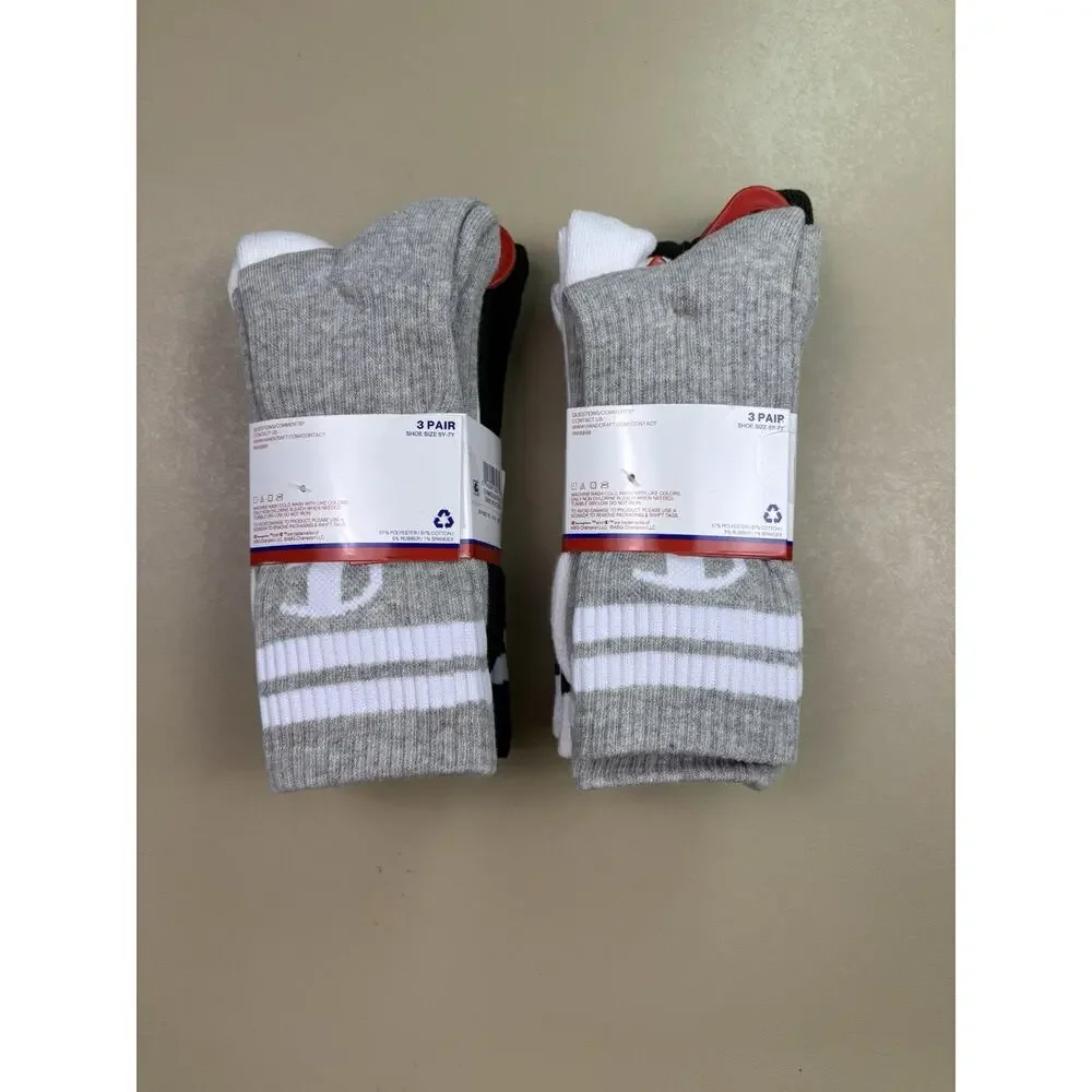 Champion Youth Crew Socks 6 Pair Lot Size L 9-11 Cushioned Stripe
